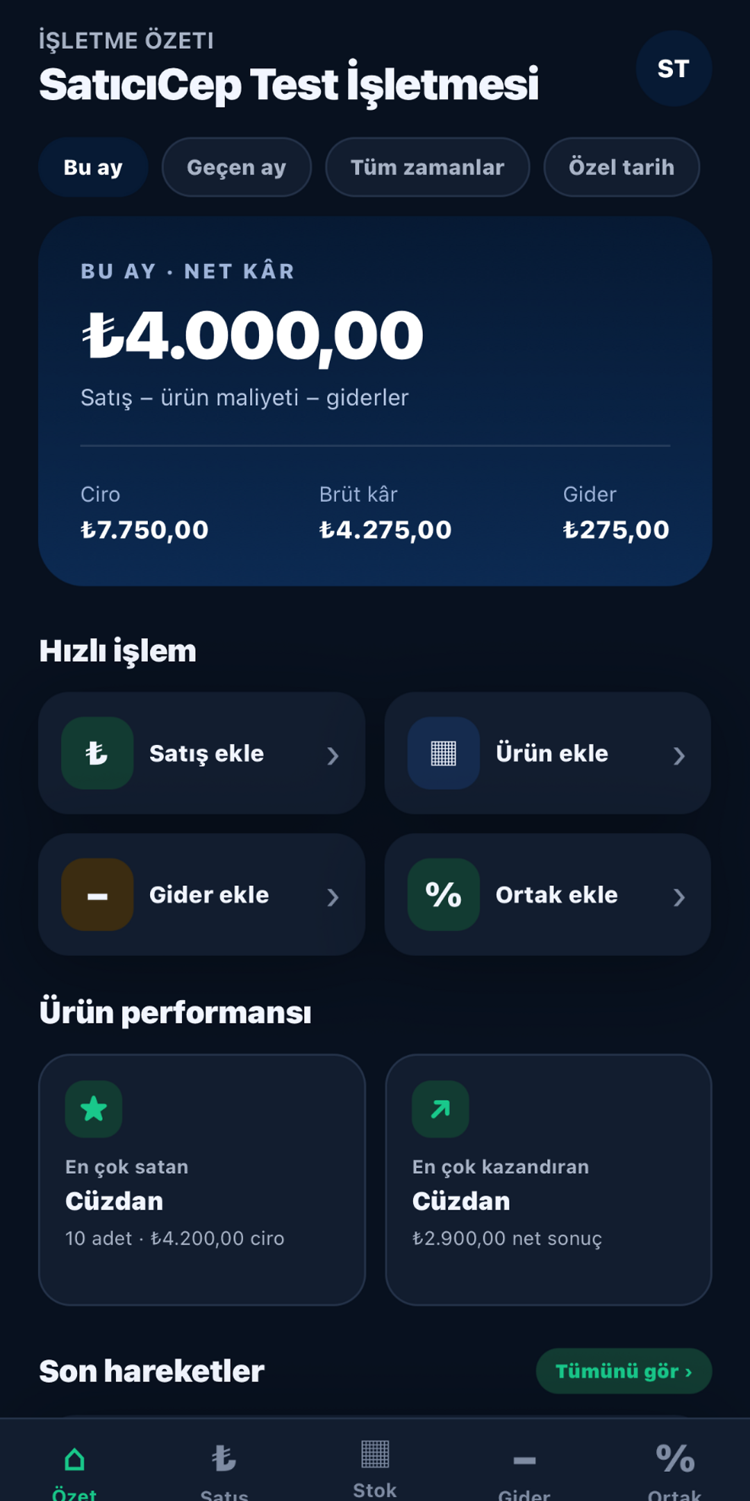 SatıcıCep işletme özeti ekranı