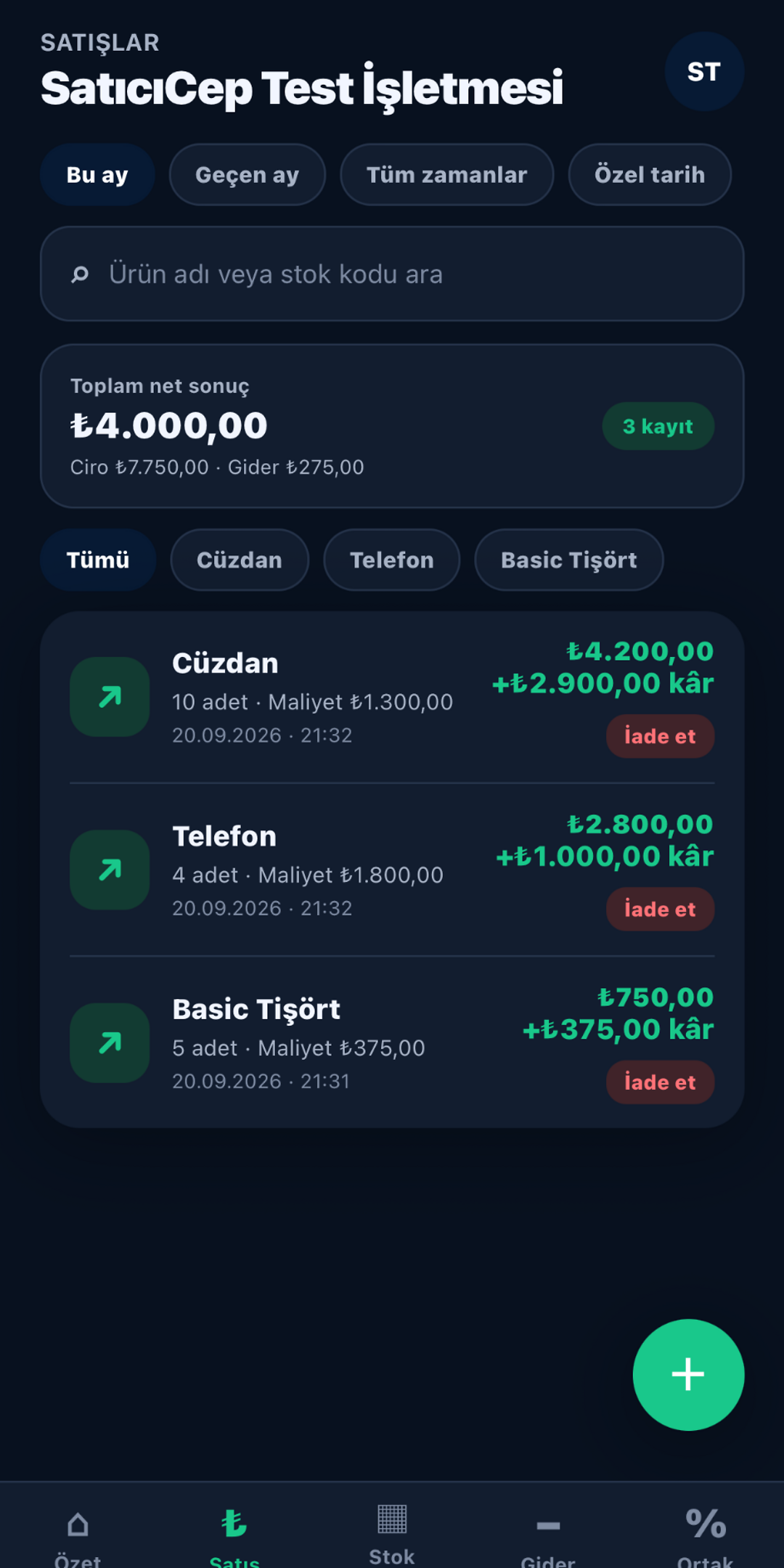SatıcıCep satışlar ekranı