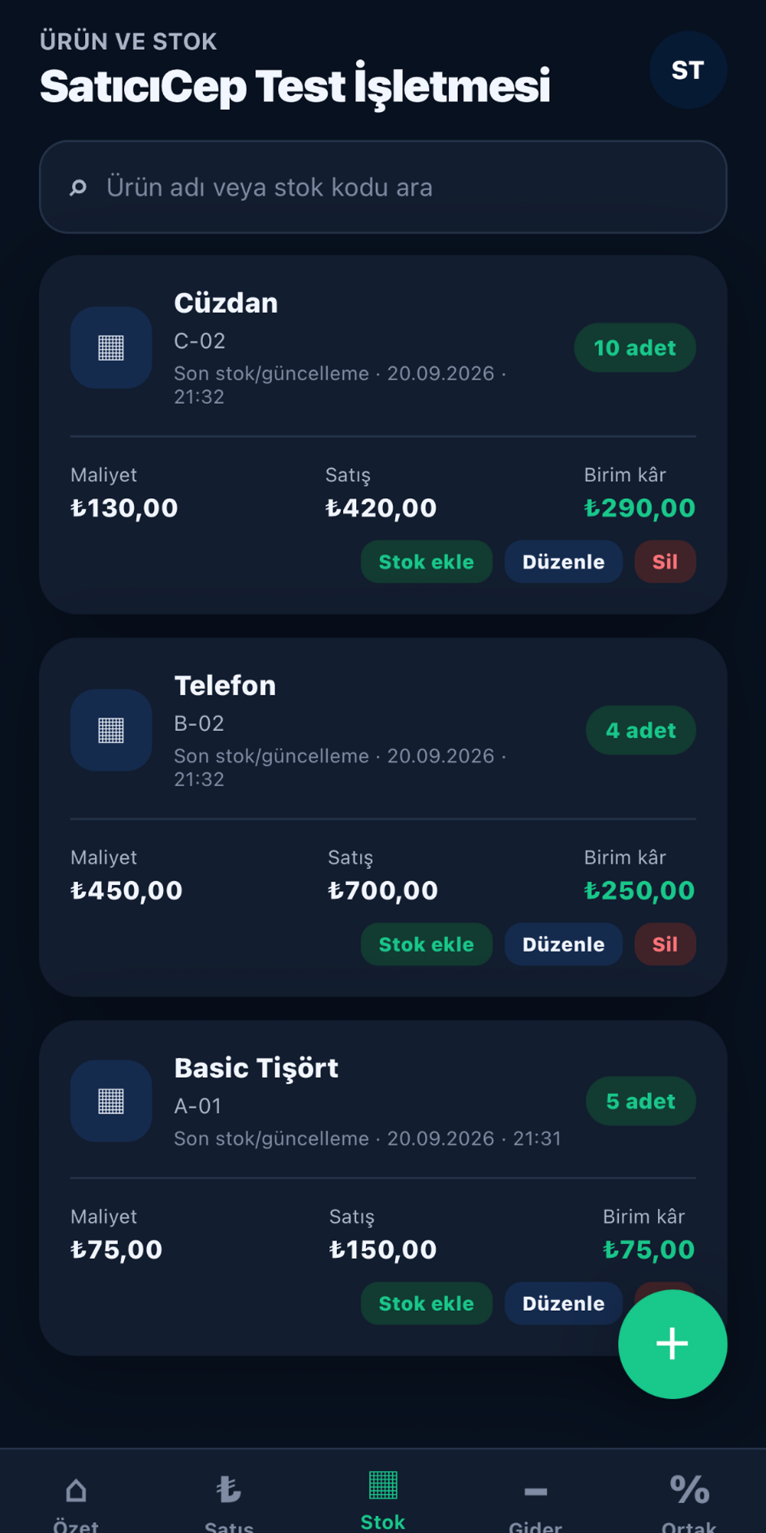 SatıcıCep ürün ve stok ekranı