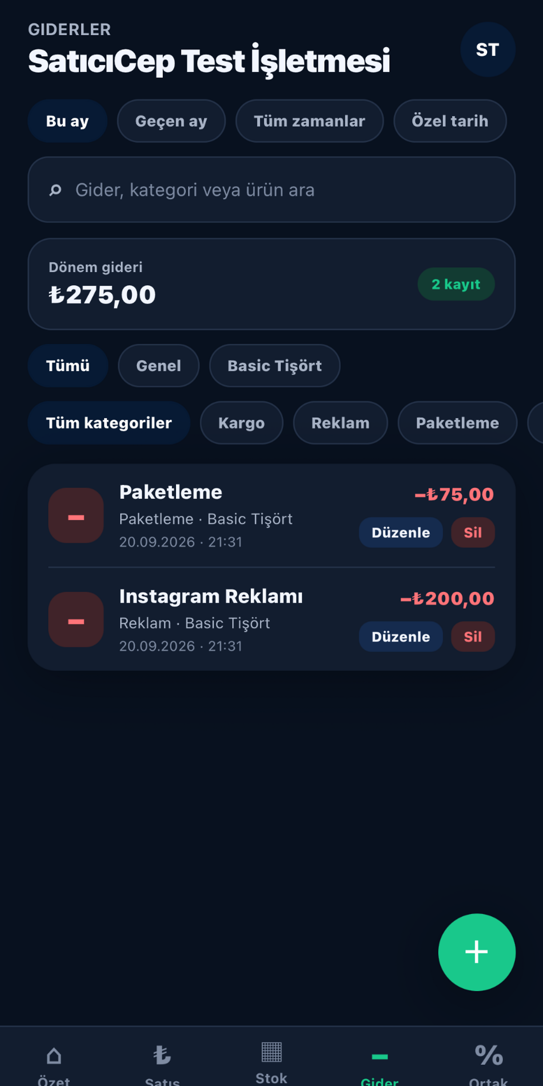 SatıcıCep giderler ekranı